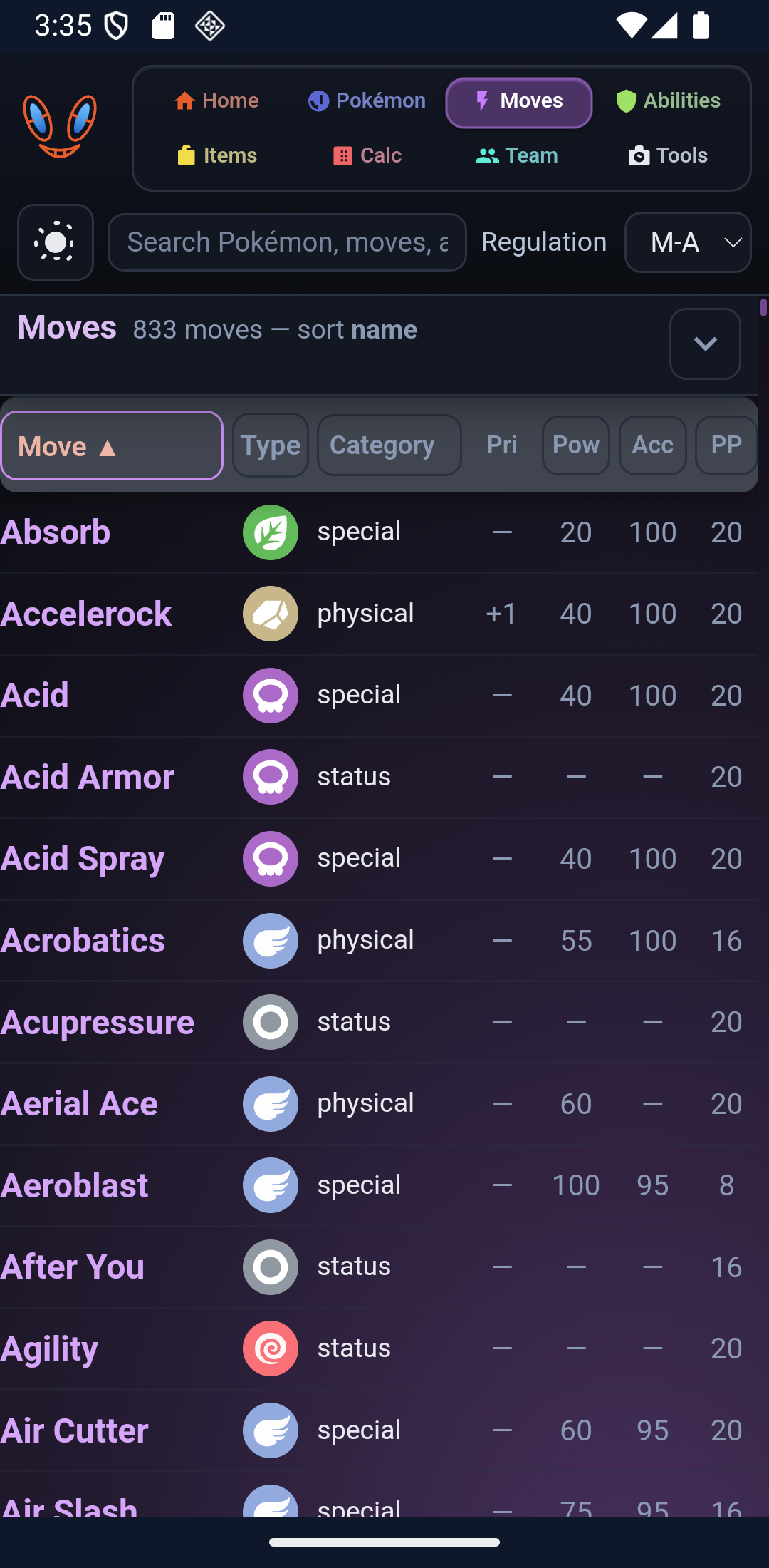 Champions DB — moves catalog