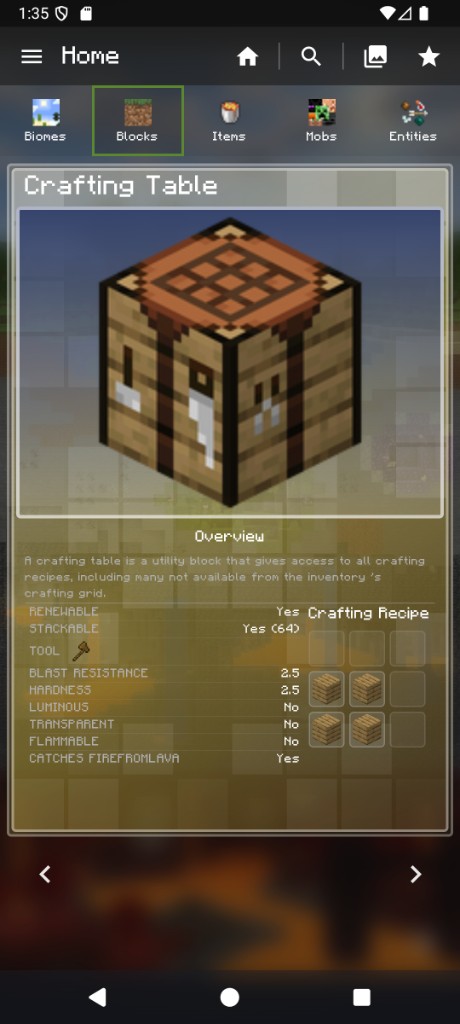 Crafting Table block card – overview and properties