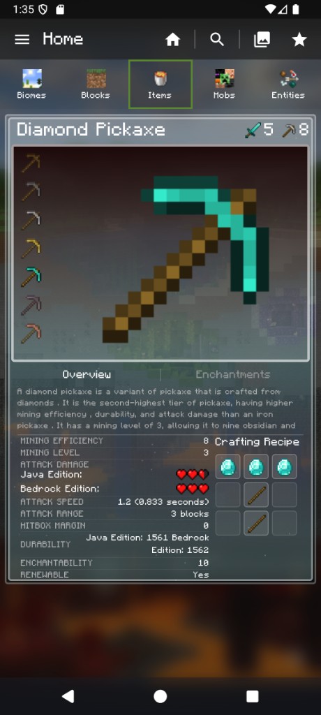 Diamond Pickaxe card – overview, stats, crafting recipe